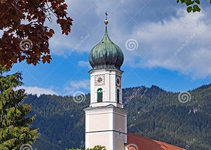 Oberammergau Church View of the Tower of the Catholic Parish Church of St. Peter and ... photo