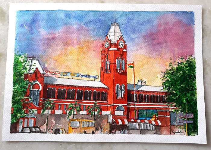 Chennai Central Railway Station Chennai Central Railway Station, ink and watercolors : r ... photo