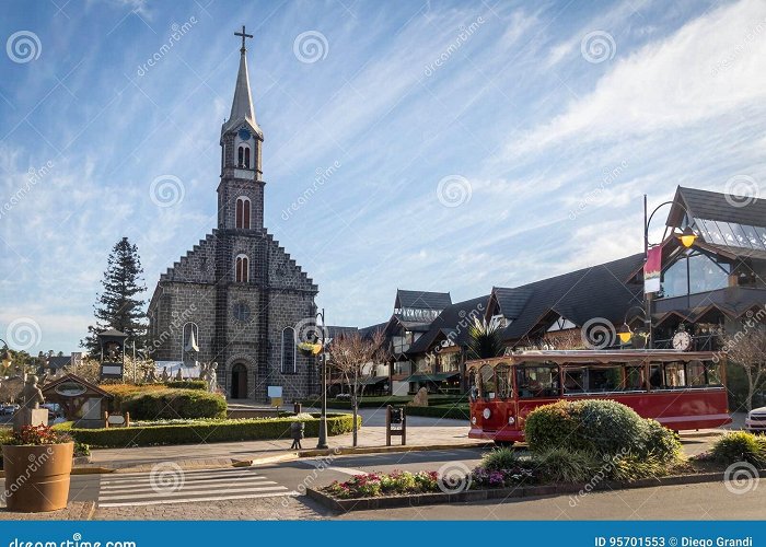 Saint Peter's Church Saint Peter Stone Church and Red Trolley Bus - Gramado, Rio Grande ... photo